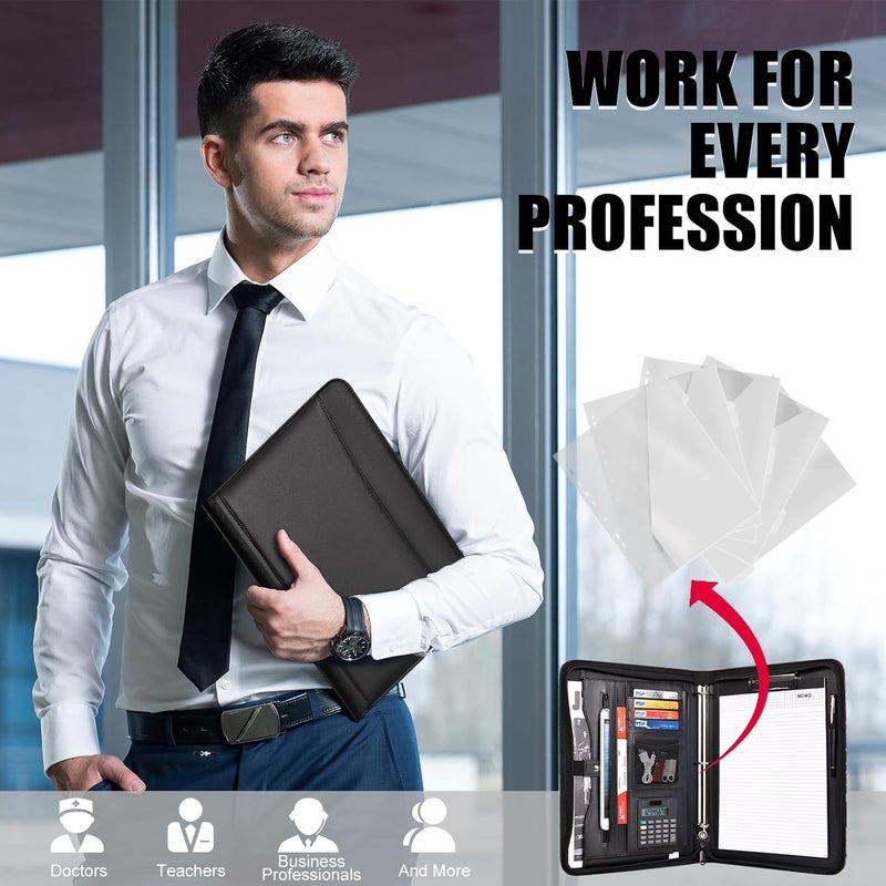 Eshow Portfolio Organizer - 3 Ring Binder with Zipper, Vegan Leather Business Padfolio Folder with Notepad Includes 5 Clear Sheet Protectors for Documents Files for Men Women - Image 5